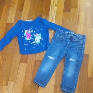 girl 3t long sleeve unicorn tee and distressed jeans